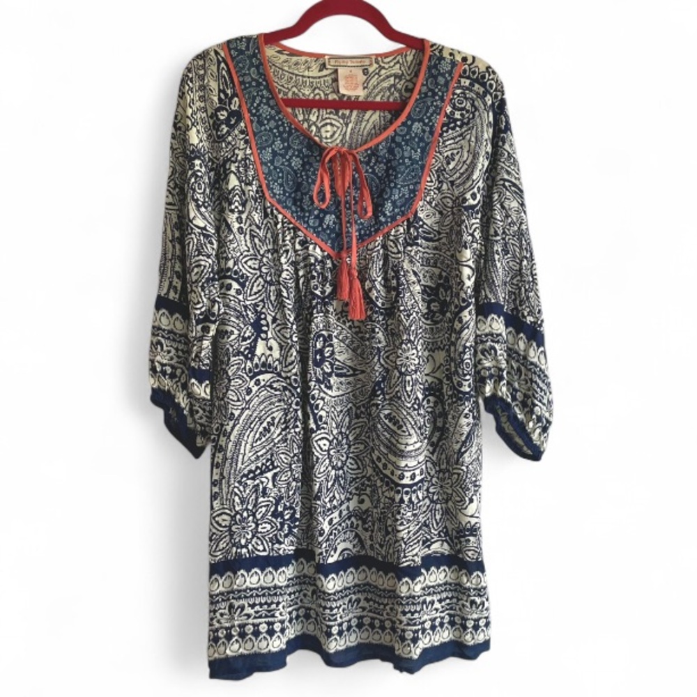 Flying Tomato Navy Blue Paisley Boho Tassel Tie Dress Size M